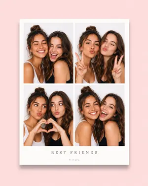 Two best friends sharing playful poses in a clean four-photo grid.
