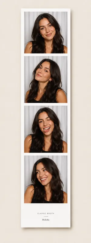Young woman posing in four natural portraits in a clean cream classic photo booth strip.