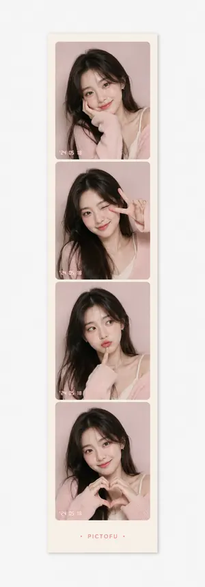 Young woman posing in a soft pink Korean-style four-photo strip.