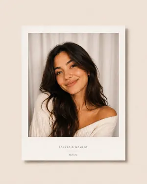 Young woman smiling in a warm cream Polaroid-style portrait frame.