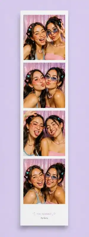 Two friends posing in four playful Y2K-inspired portraits in a lilac vertical photo strip.