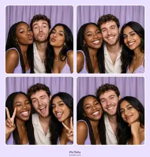 Lilac two-by-two photo booth grid featuring three friends making playful expressions.