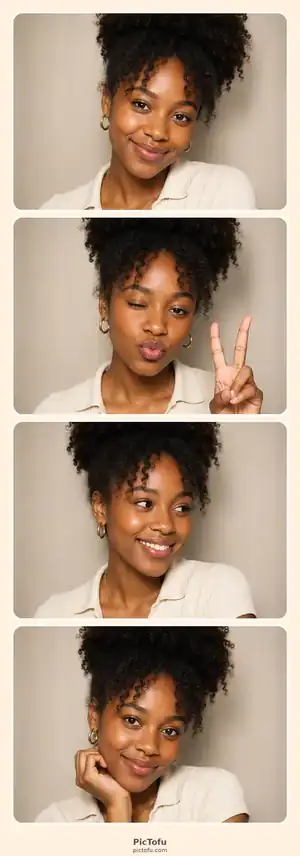 Cream four-photo booth strip featuring a Black woman in four natural poses.