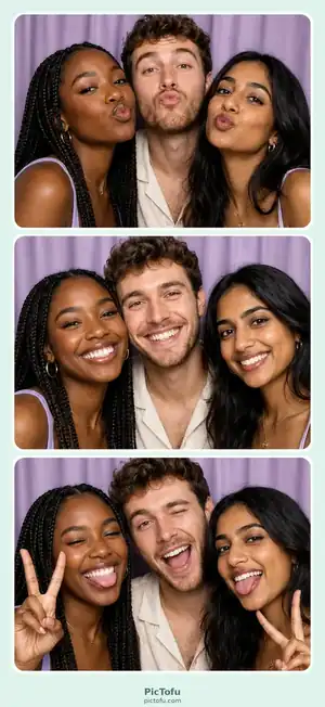 Mint three-photo booth strip featuring three friends posing together.