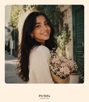 Cream Polaroid-style photo featuring a woman holding flowers outdoors.
